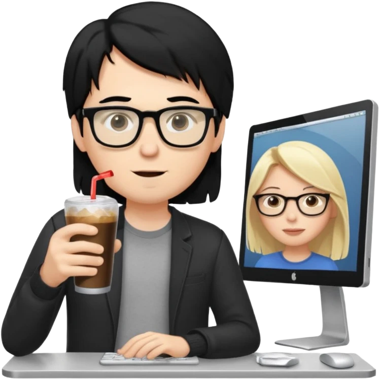 Hombre blanco con gafas, pelo negro tomando un refresco frente a un ordenador con ropa de sport,  y se ve en la pantalla del ordenador una mujer rubia tomando café emoji