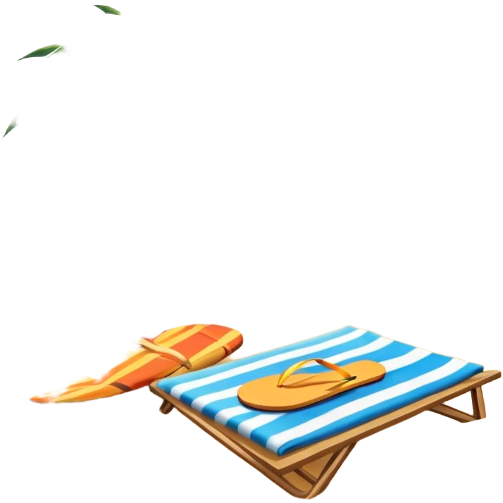Icon for Beach Tourism: with the blue ocean, orange sunset, yellow sand beach and palm trees in the background, a sun umbrella, flip-flops, and a beach towel on the sand. The icon should represent relaxation and fun at the beach. Transparent background emoji