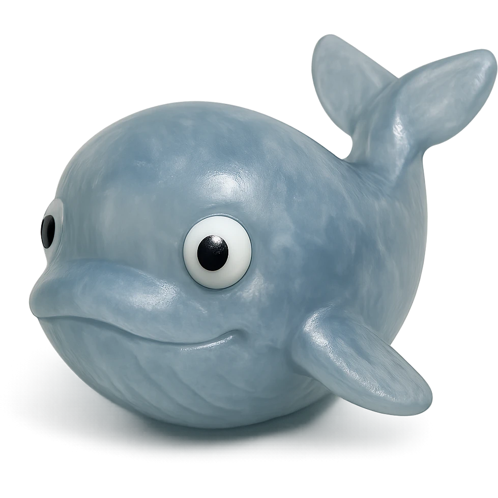 hyper-detailed retro 90's toy style whale, very transparent, natural blue-gray, soft plastic, derpy eyes, soft reflections, soft and squishy, some cloudiness, not shiny, highly detailed, appealing, no tag, no background emoji
