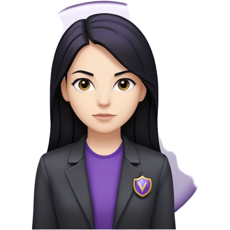 MULHER BRANCA, CABELO LONGO LISO E PRETO, CAMISA CINZA, JAQUETA PRETA E CRACHA ROXO DA VIVO emoji