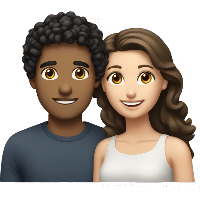 Hispanic male with black curly hair and brown eyes smiling next to white female with straight brown hair and hazel eyes emoji