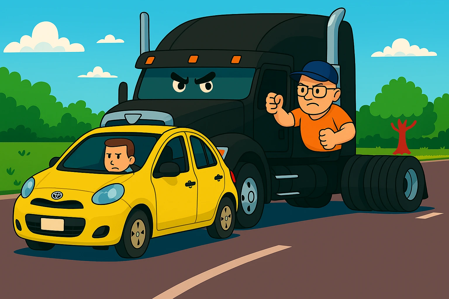 Add a baseball cap to the angry, bald truck driver with glasses and orange shirt, arm out the window. Keep the scene bright and vibrant, with a person in the car in front. emoji