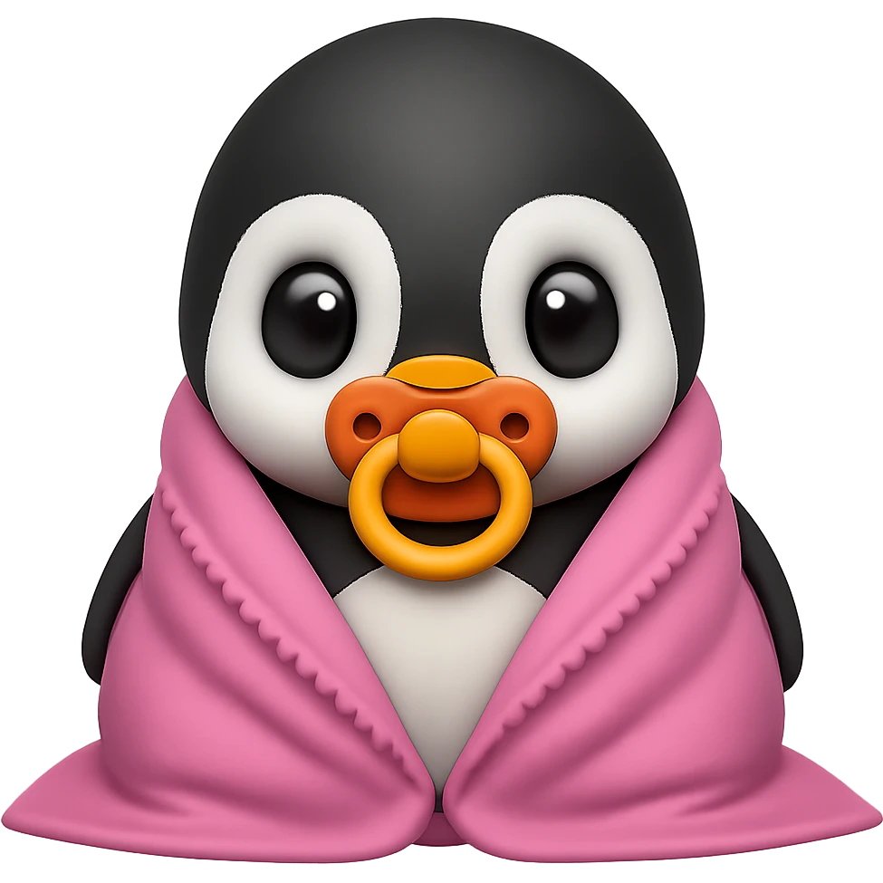 Add a pacifier to the baby penguin covered with a pink blanket, keeping the emoji style look. The background should be removed, focusing on the baby penguin with the pacifier and pink blanket in an emoji style. emoji
