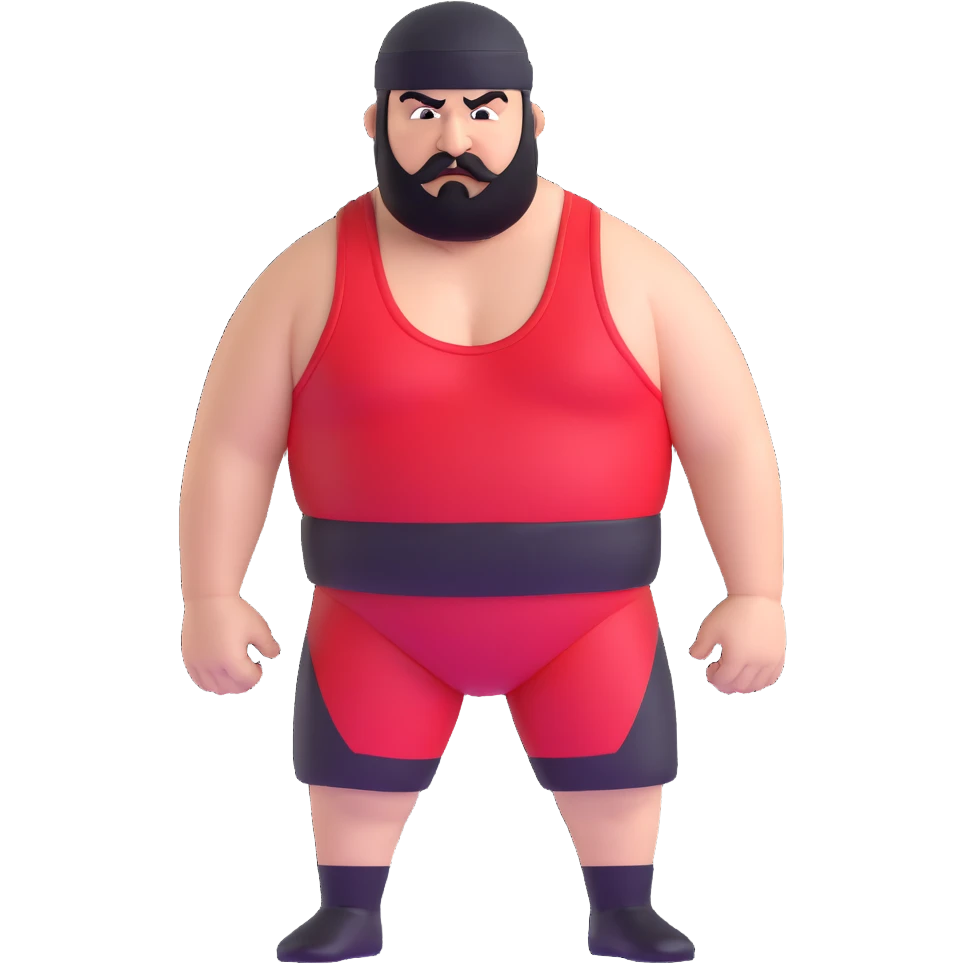 White skin fat guy with prominent black durag, short black beard and mustache, black eyes in a red and black wrestling singlet with angry face emoji