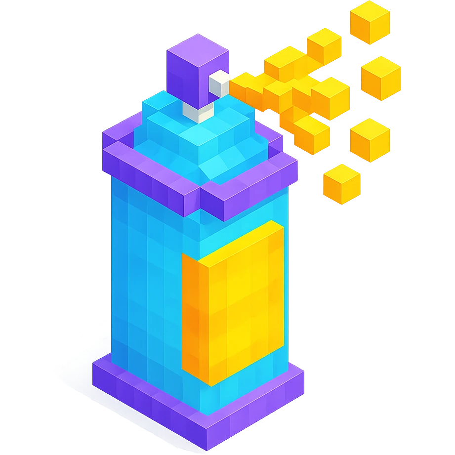 voxel style spray paint can with gold paint, spray coming out, isometric view emoji