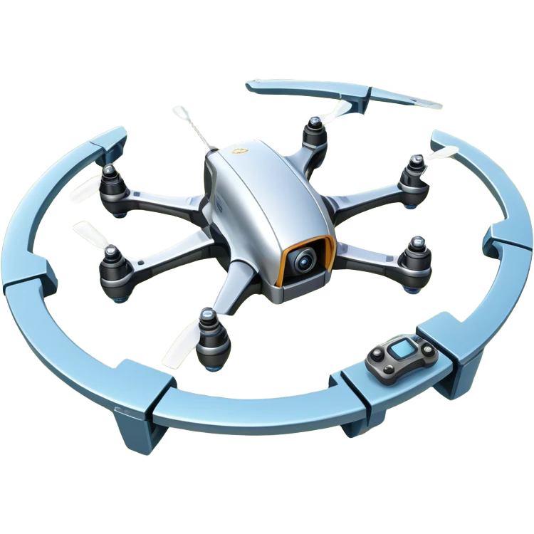An icon showing a racing quadcopter drone in the foreground, flying at high speed through a course filled with obstacles and checkpoints. Other drones zoom in the background over a dynamic landscape. Transparent background highlights the thrill and precision of drone racing. emoji