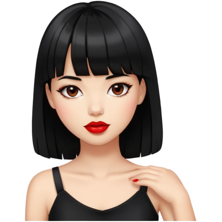 menina com cabelo preto no ombro e franjinha de batom vermelho e roupa top preto emoji