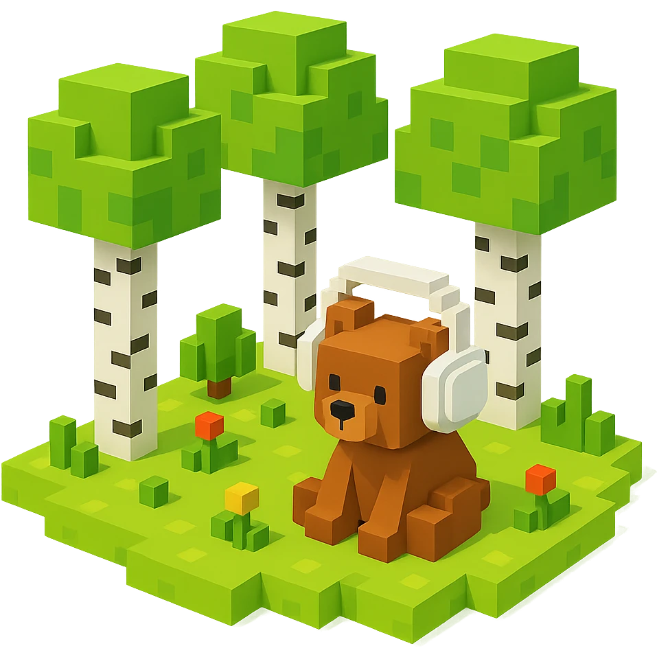 березовый лес, в котором сидит бурый медвежонок в белых наушниках, no background  emoji