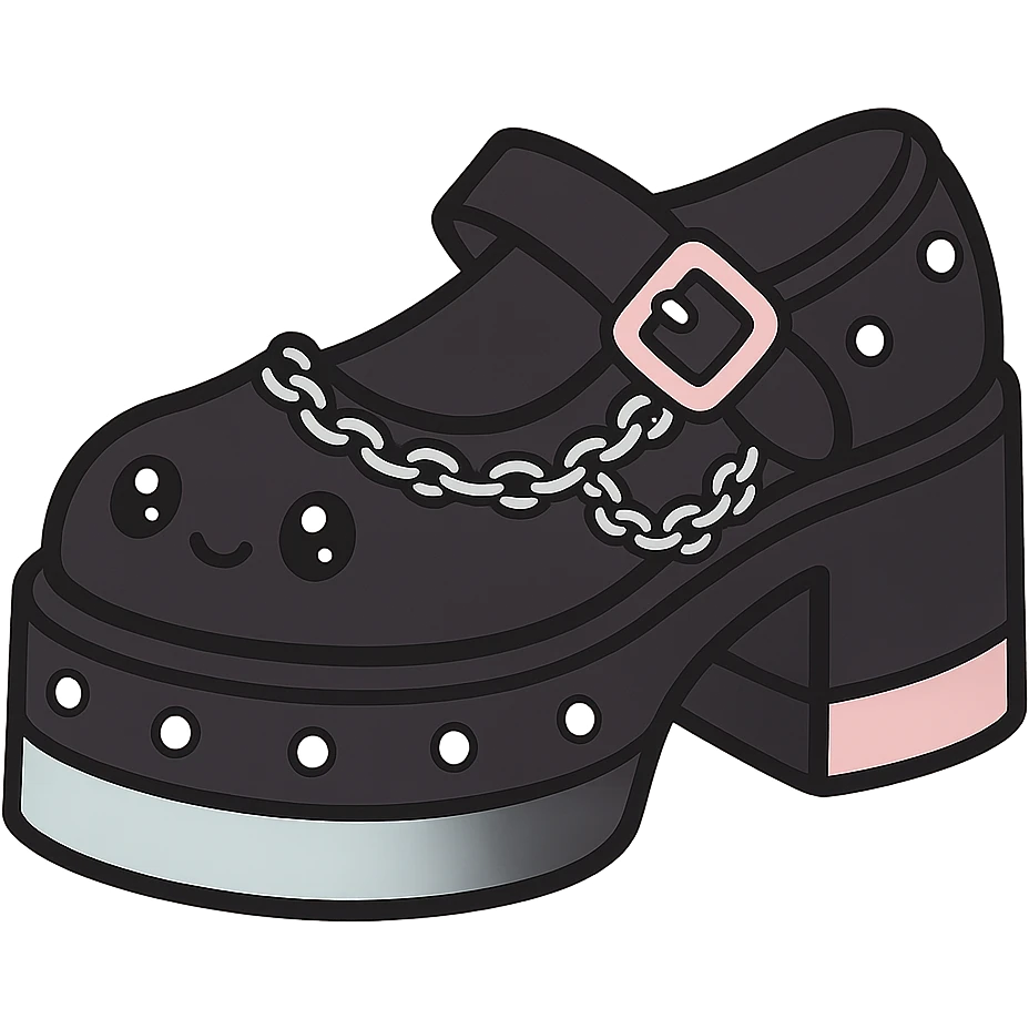 Add silver studs and chains to the primarily black kawaii gothic shoes with pink and pastel accents, no socks, no hearts, transparent background emoji
