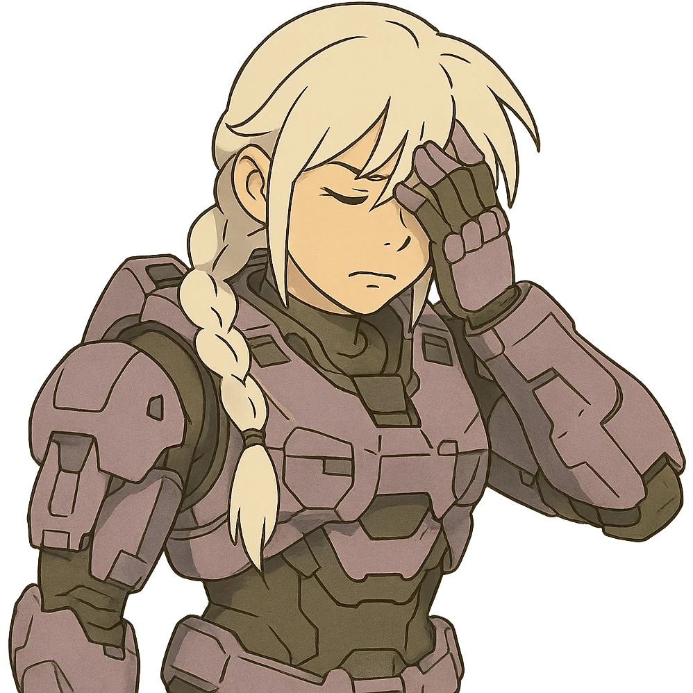 female, wearing reach spartan armor shoulder-unequip, long white braid hair with massive messy front side single bangs, gold yellow eyes, attention pose, D-cup size, HALO:series, no helmet, the armor is lavender color scheme, facepalm, smh, eyes closed emoji