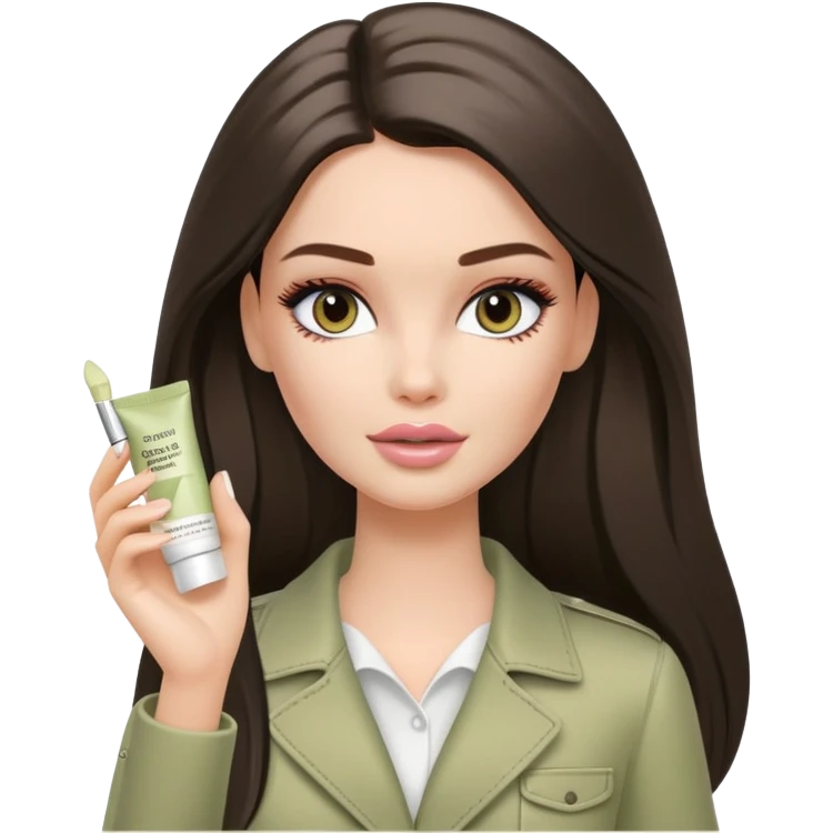 A white Barbie girl with long dark brown straight hair in pale olive clothes smears by hand cosmetic cream on her face emoji