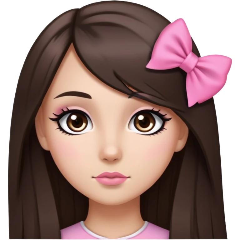pretty bratz baddie, long straight hair brunette baddie with eyeliner and brown eyes and small pink bow emoji