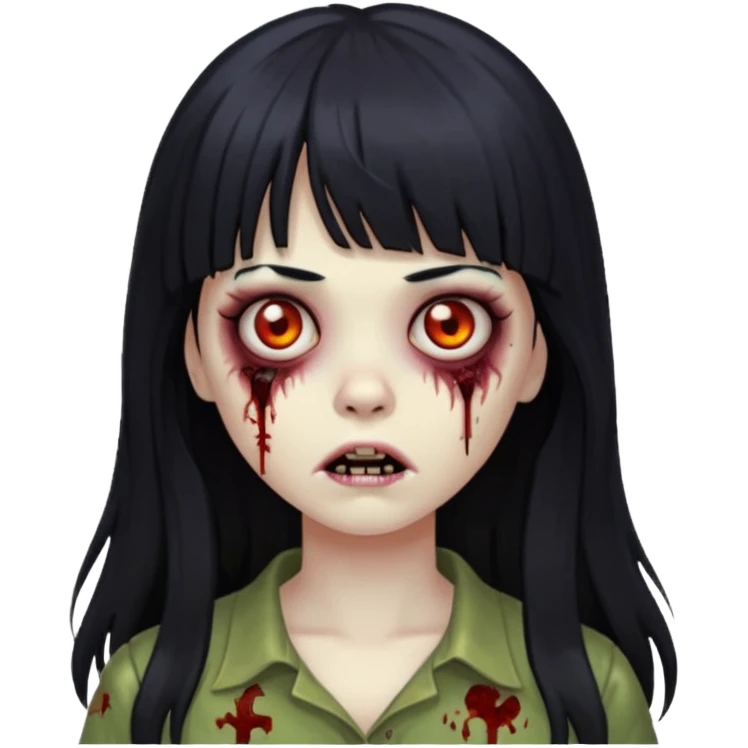 faça o emoji de uma menina zumbi de cabelos longos pretos com franja emoji