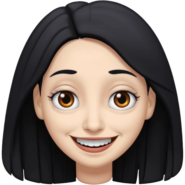 woman with gray skin and black hair and a creepy face with white eyes and a droopy smile emoji