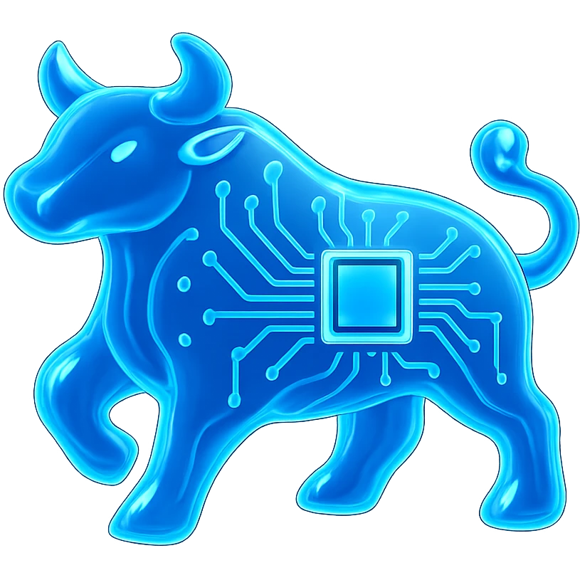 Make the abstract bull silhouette even more abstract with luminous blue tech circuitry details, in glossy circuit style. emoji