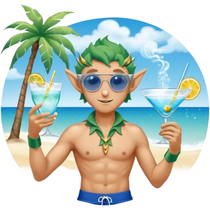 elf male in stylish blue swim trunks, palm extended over cocktail glass, conjuring swirling frost and mist to chill it, silver aviator sunglasses, pointy ears, confident smirk, minimalist beach bar backdrop, centered emoji, summer magic emoji