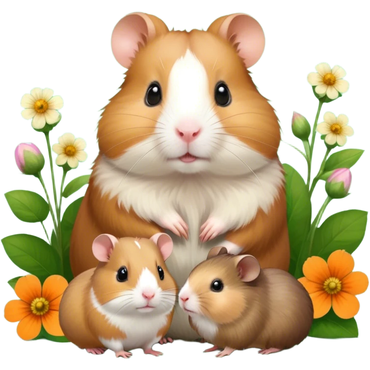 Icon for Hamster and Guinea Pig: A portrait-style collage with a fluffy hamster with soft fur, looking curious, and a friendly guinea pig with long, smooth fur, both on a soft green background with flowers and soft light. Transparent background. emoji