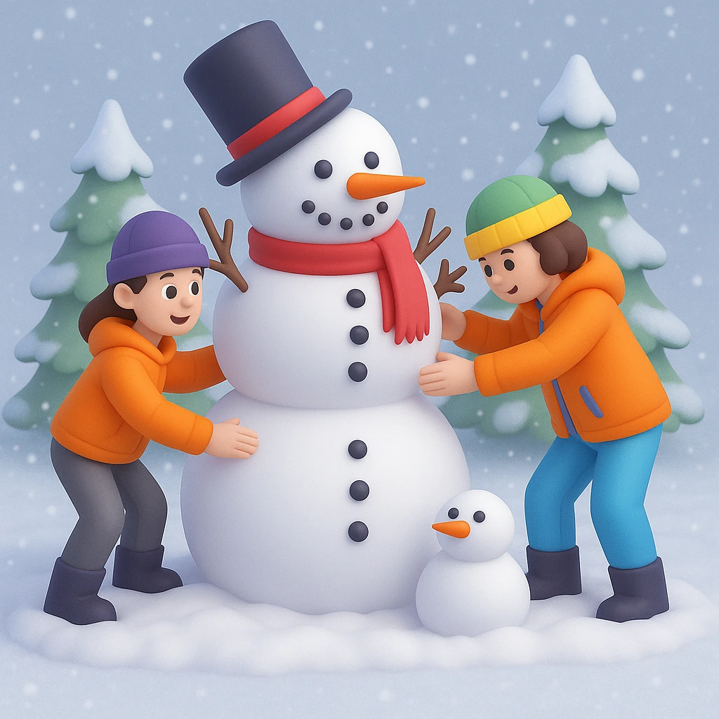Add a snowy background behind the kids building a snowman, keep the original 3D emoji style emoji