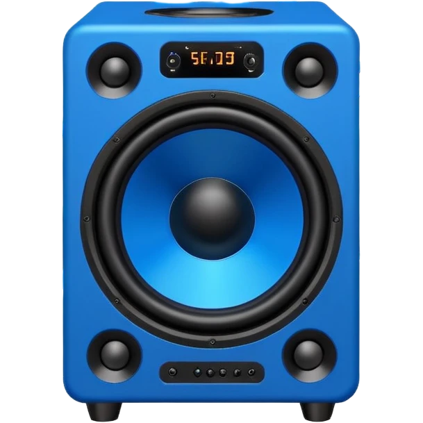 Vector style emoji, large subwoofer speaker with visible vibrating sound waves, electric blue lightning bolts popping out, flat design, bold outlines, white background. emoji