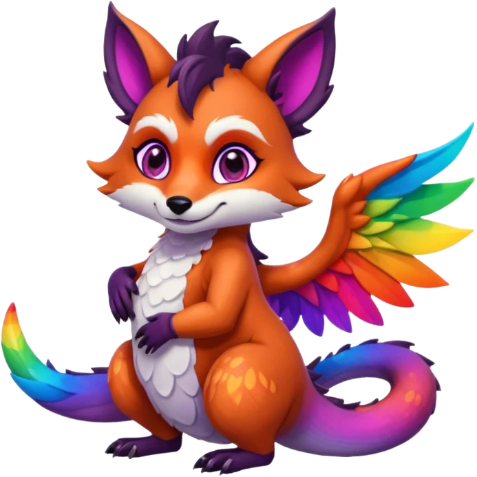 black female raccoon dragon hybrid with rainbow colored wings and purple eyes giving a big hug to a red female fox dragon hybrid with rainbow colored wings and orange eyes emoji