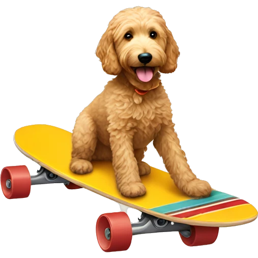 Goldendoodle riding a long board emoji