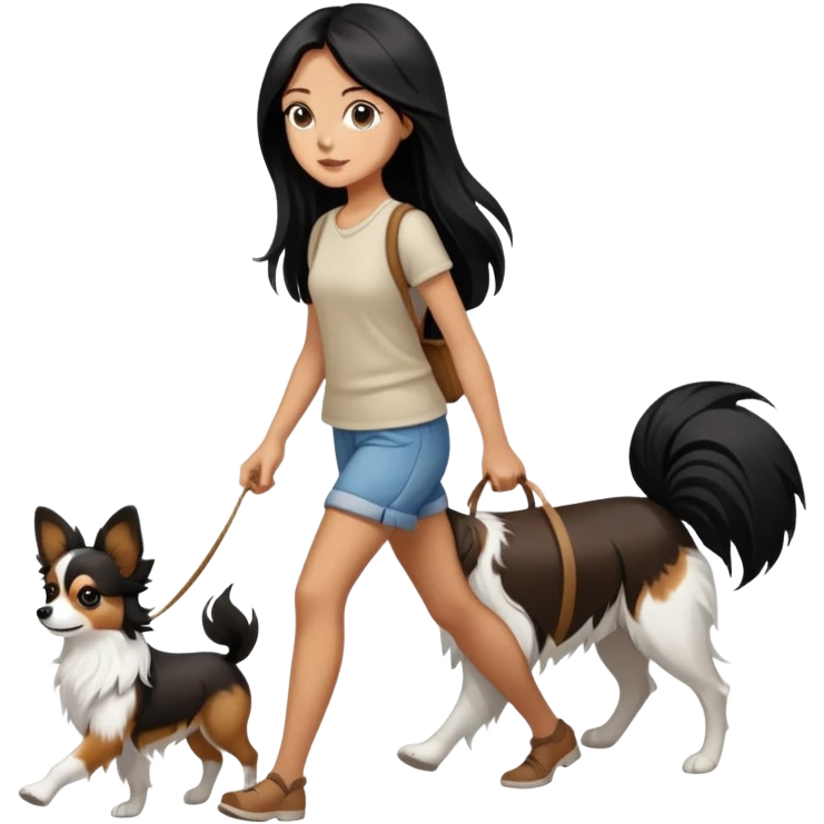 A girl with long black hair is walking a papillon dog, brown and white emoji