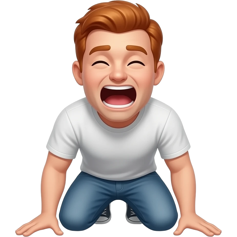 submissive red haired man kneeling with mouth open in a wide O emoji