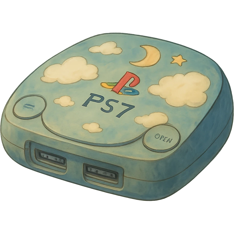 ghibli style PlayStation 7 console with soft lighting and imaginative design emoji