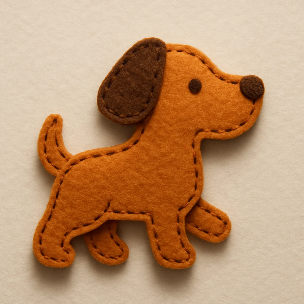 Handcrafted felt dog icon with simple shapes, clean curves, medium visible brown running stitch around edges, slightly raised look, warm orange and brown felt, minimal facial features, soft diffused lighting, subtle shadow, neutral background emoji