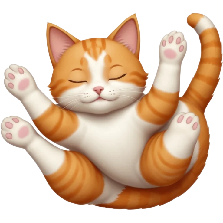 ginger and white small cat eyes closed lying down upside down with paws stretched out straight in different directions emoji