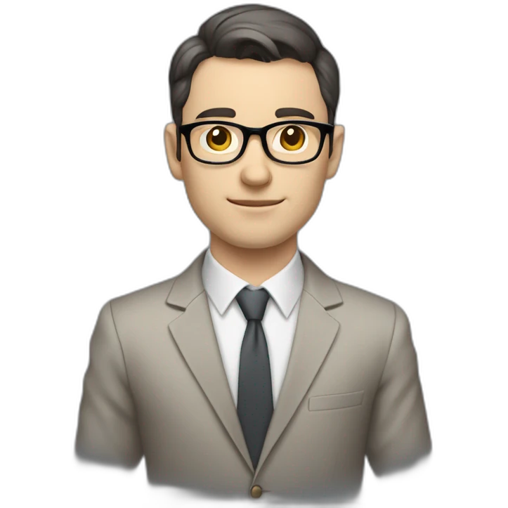 Full height Pale skinned Fit Man With dark brown hair in classic gray suit, beige office shirt, dark gray tie, and vintage glasses. His right hand is directed up emoji