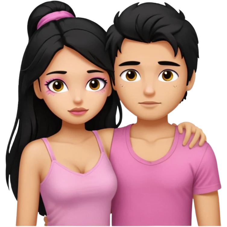 generate a pretty tan bratz boy with messy black hair wearing a white tshirt. Hugging a fair girl with long black hair, eyeliner, wearing a pink cami.  emoji