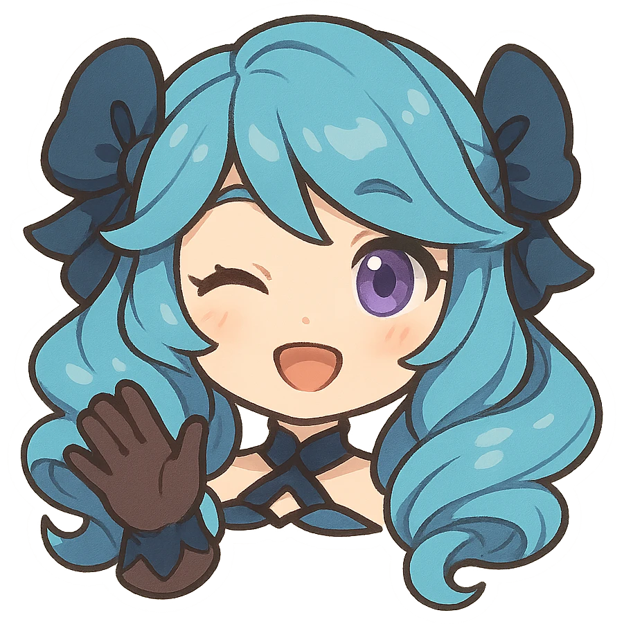 chibi style Gwen from League of Legends, only head, right eye purple, one hand waving with glove, cute and expressive emoji