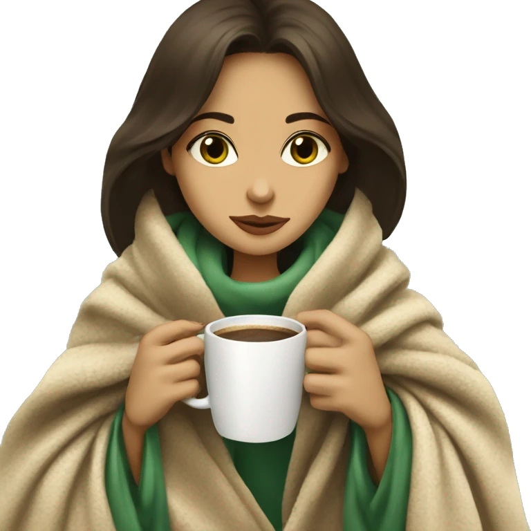 Brune girl inside a blanket beige  sipping coffee starbacs  eyes green emoji