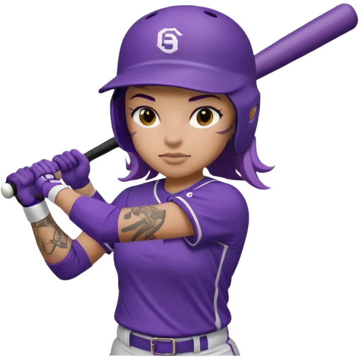 Softball player in purple uniform batting with a full arm sleeve tattoo on left arm emoji