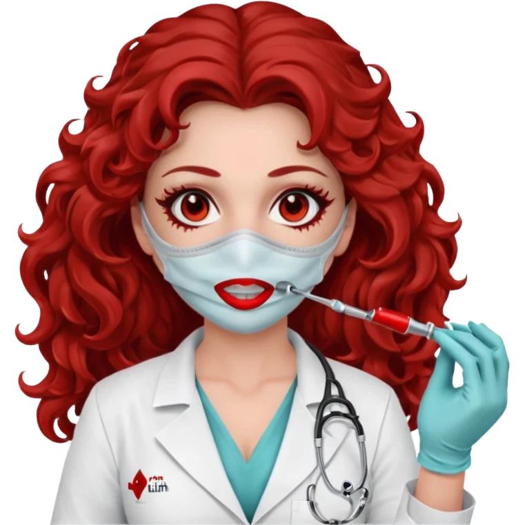 Lilith scalpel in hand, evil surgeon sexy surgeon clothes.  She has red eyes.  Hair is long. Hair is brown and curly hair. Wears sexy doctor outfit with red gloves. Covers mouth and neck mask rec red emoji