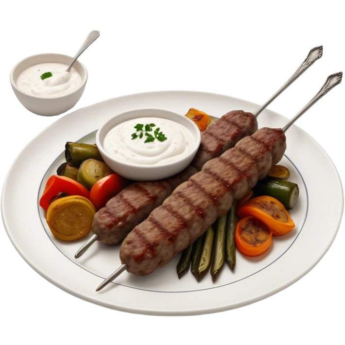 Cinematic Realistic image of a long, hand shaped Turkish Köfte, rendered with richly spiced meat textures and subtle grill marks, artfully arranged on a traditional Turkish ceramic plate alongside classic sides such as a serving of aromatic pilaf, crisp grilled vegetables, and a dollop of creamy yogurt, all bathed in warm, appetizing lighting that emphasizes its savory allure. emoji