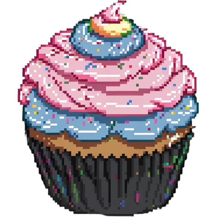 large cupcake with pink frosting and rainbow sprinkles in pixel art style emoji