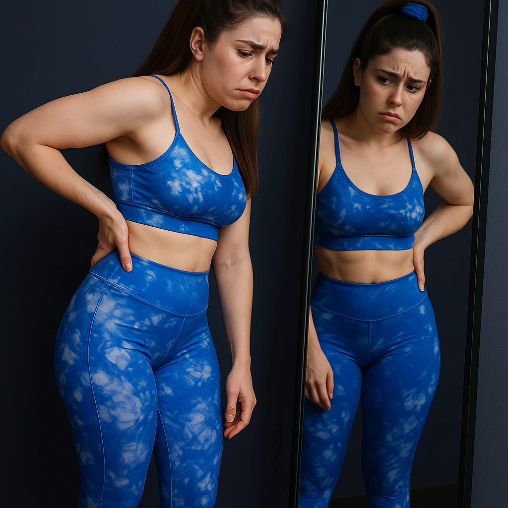 Slim woman in 4K, in front of a mirror, observing her crooked posture, one hand on lower back, worried and slightly pained face, inspired by the reference photo. emoji