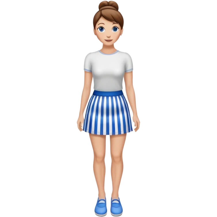 Pretty 50-year-old woman with 1 miniskirt that is blue and white striped brown hair in bun blue eyes and pretty legs emoji