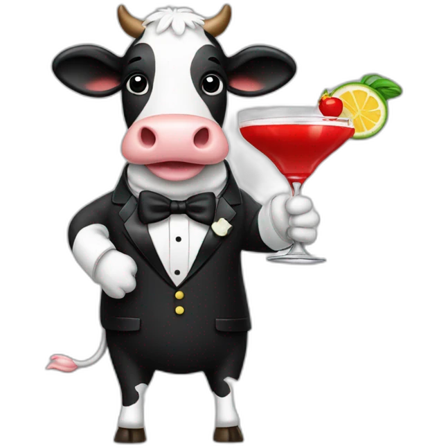 cow wearing a tuxedo holding up a red daiquiri emoji