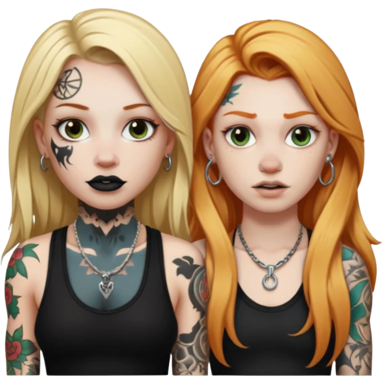 girl with long blonde hair, black tattoos and a septum piercing next to an athletic ginger girl with tattoos and a septum piercing emoji