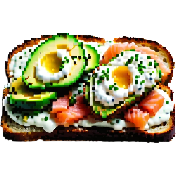 salmon open toast with white sauce and avocado emoji