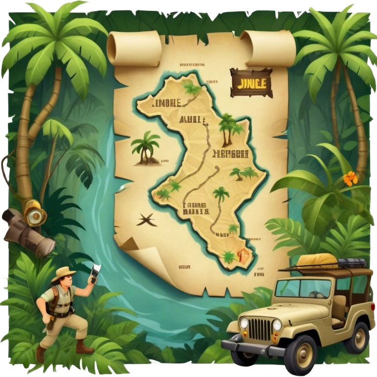 A vintage movie poster-style collage. Include action-packed elements like a treasure map, jungle scenes, a rugged explorer with a compass and a speeding jeep. Add a shadowy figure resembling close-up Mark Wahlberg in adventurous gear. Jungle background. Transparent background. emoji