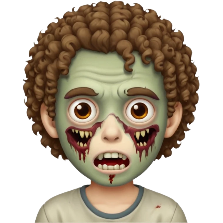 menino com cabelo cacheado e olhos marrons, com boca de zumbi emoji