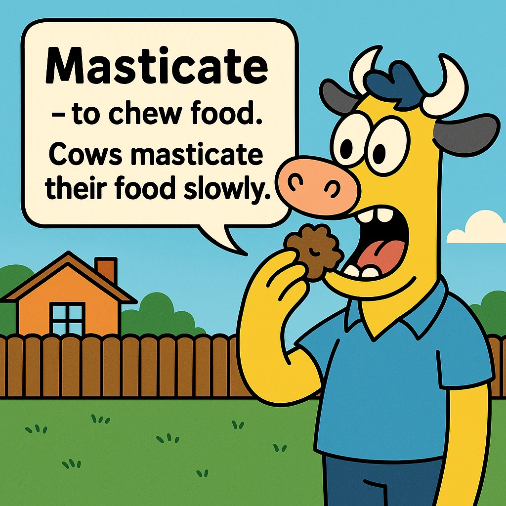 Masticate – to chew food.
Cows masticate their food slowly.
 emoji