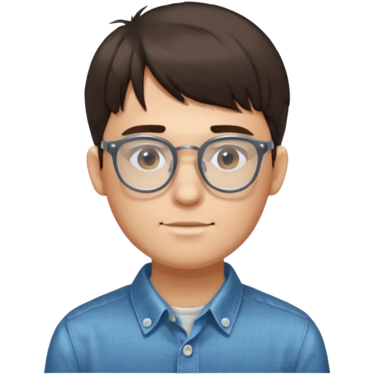 A man who have a glasses transparent. And have a bangs and have a button shirt. emoji