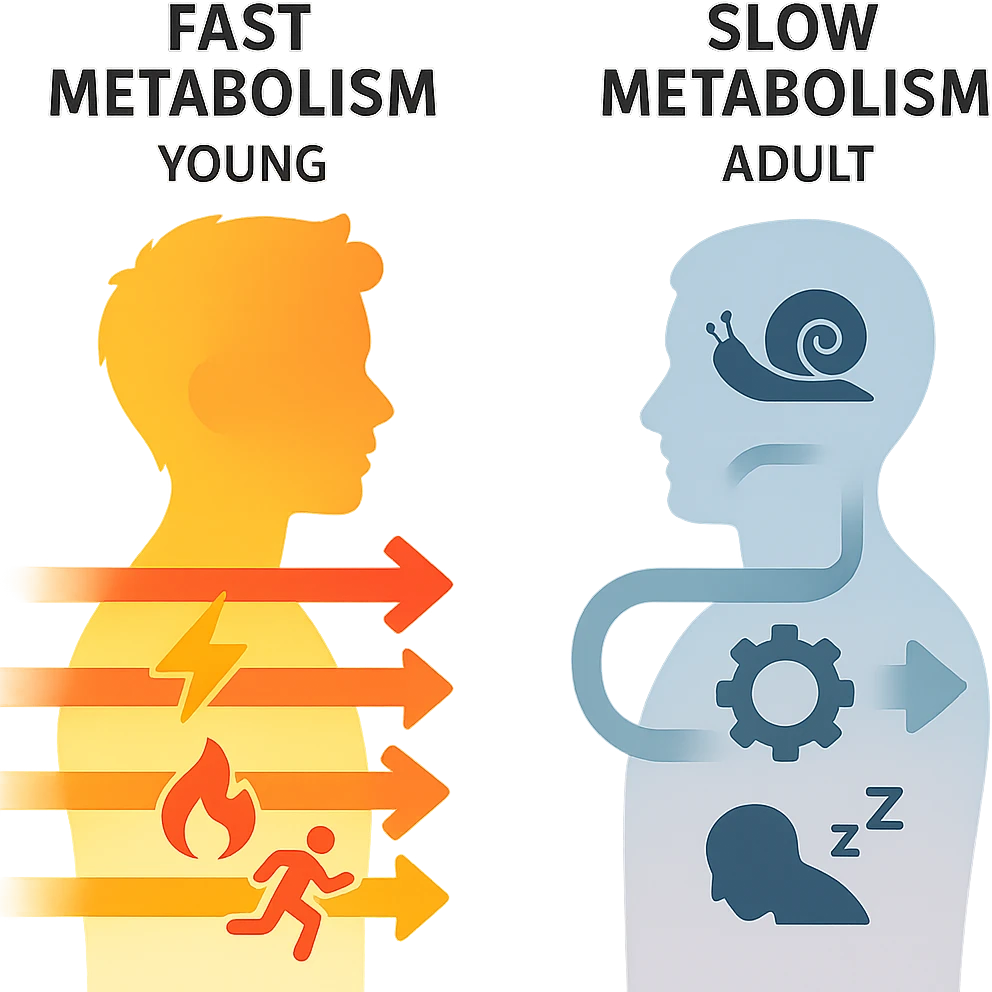 educational schematic illustration comparing fast metabolism (young) and slow metabolism (adult), with arrows, icons, and symbols, illustrative style, 4K emoji