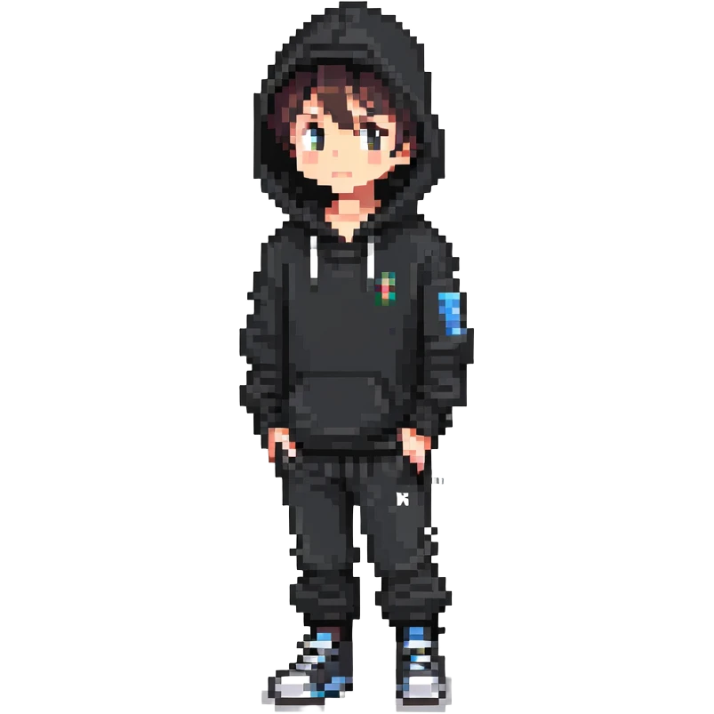 niño con jersei negro, pantalón negro y capucha emoji