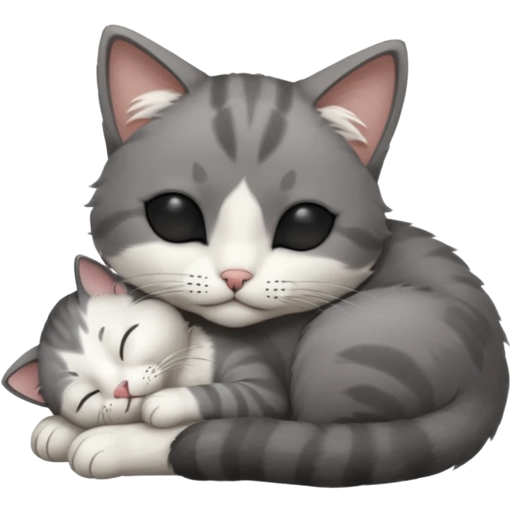 dark grey and white small cat with closed eyes, leaning his head on his paw while leaning on his elbow lying down emoji